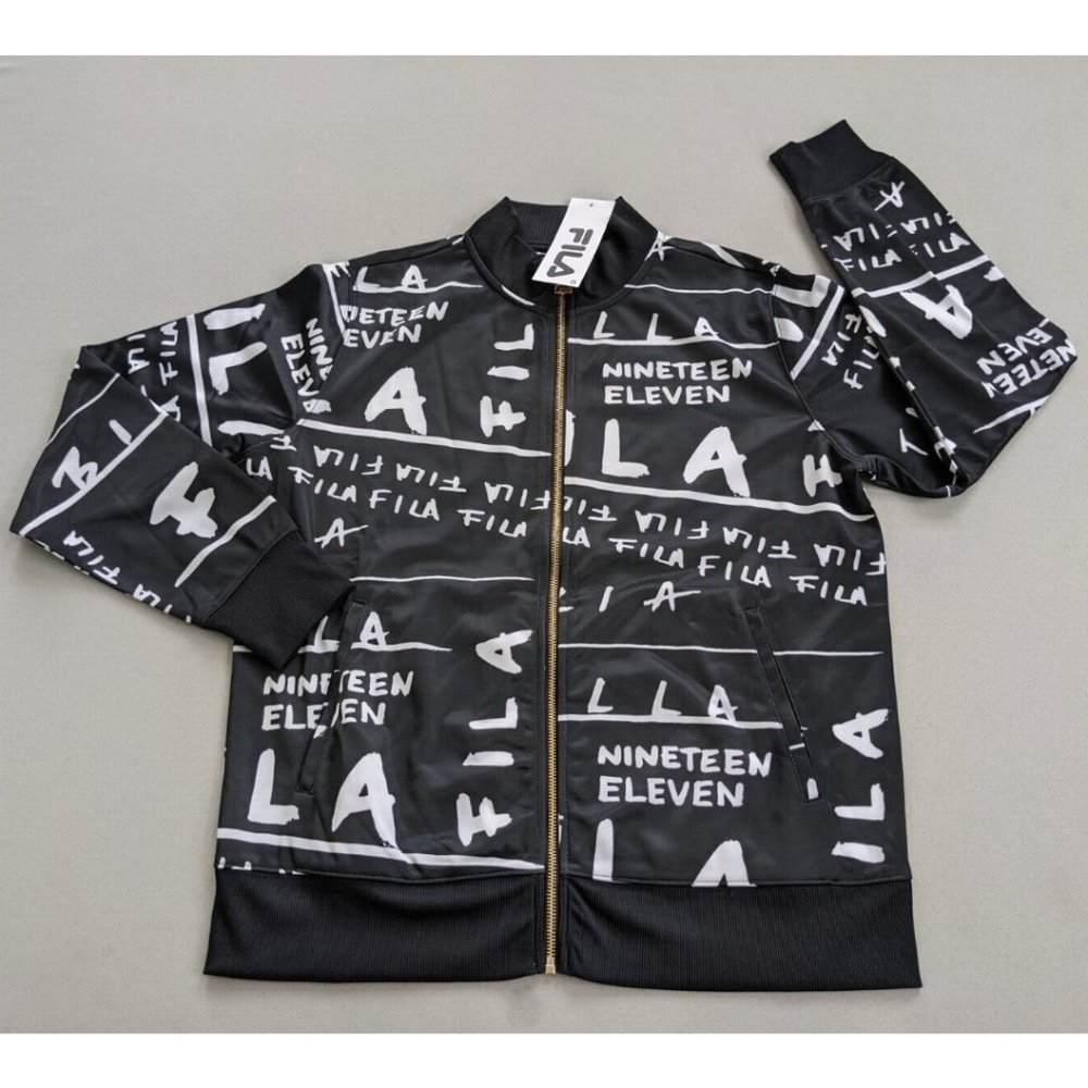 FILA Size LARGE Women Take it All-over Logo Bomber Track Jacket Black White NEW